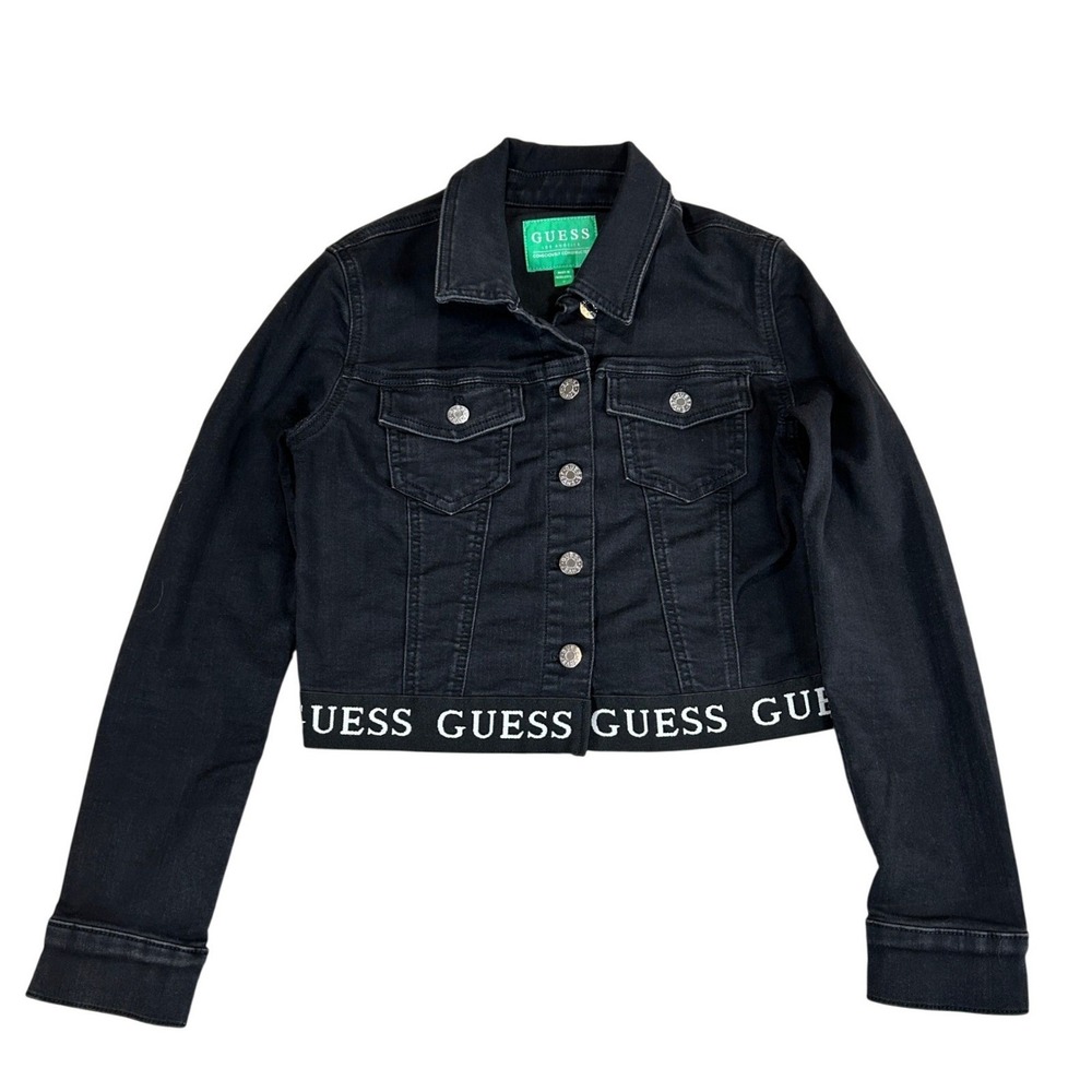 Guess Womens Black Denim Cropped Trucker Jacket Logo Band Q2VN09 D4T30 Size S